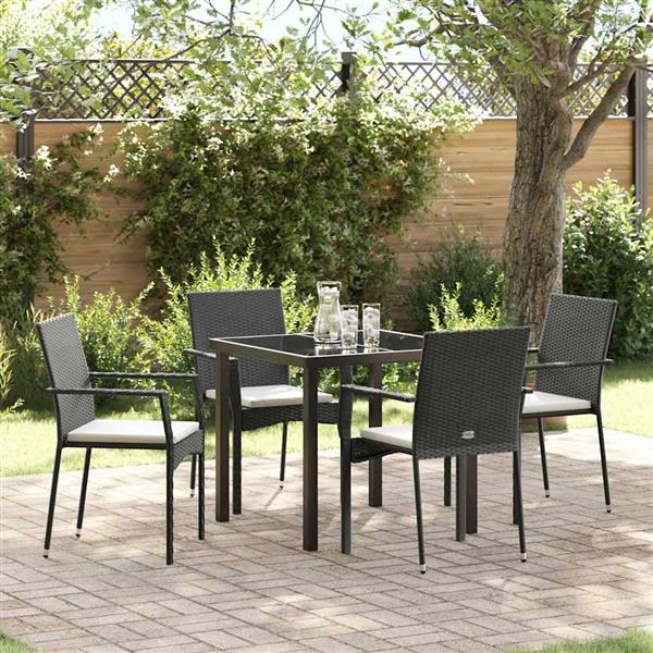 Grote foto vidaxl tuin eetset met kussen 5 pcs zwart poly riet tuin en terras tuinmeubelen