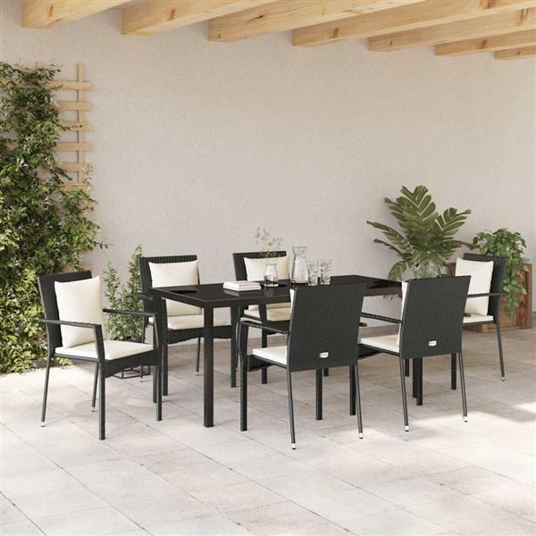 Grote foto vidaxl tuin eetset met kussen 7 pcs zwart poly riet tuin en terras tuinmeubelen