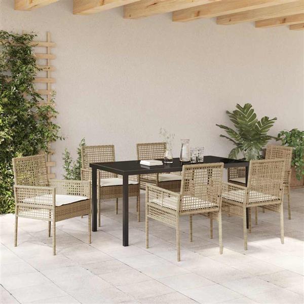 Grote foto vidaxl tuin eetset met kussen 7 pcs beige poly riet tuin en terras tuinmeubelen