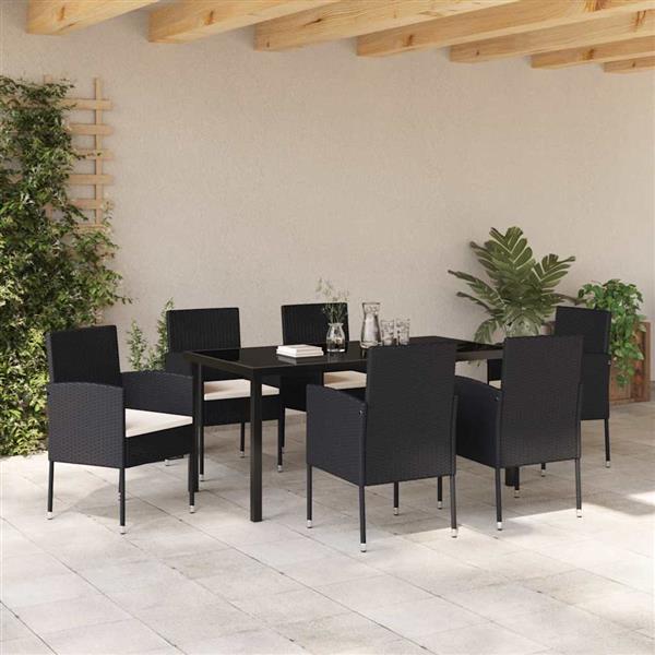 Grote foto vidaxl tuin eetset met kussen 7 pcs zwart poly riet tuin en terras tuinmeubelen