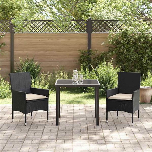 Grote foto vidaxl tuin eetset met kussen 3 pcs zwart poly riet tuin en terras tuinmeubelen
