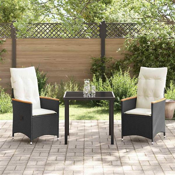 Grote foto vidaxl tuin eetset met kussen 3 pcs zwart poly riet tuin en terras tuinmeubelen