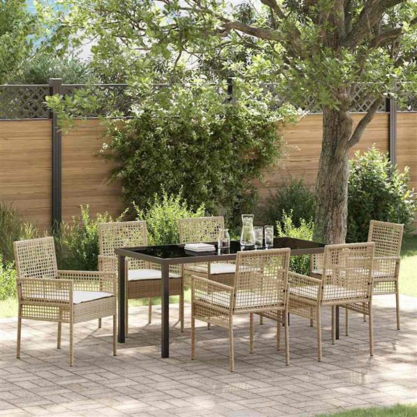 Grote foto vidaxl tuin eetset met kussen 7 pcs beige poly riet tuin en terras tuinmeubelen