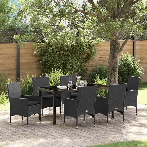 Grote foto vidaxl tuin eetset met kussen 7 pcs zwart poly riet tuin en terras tuinmeubelen