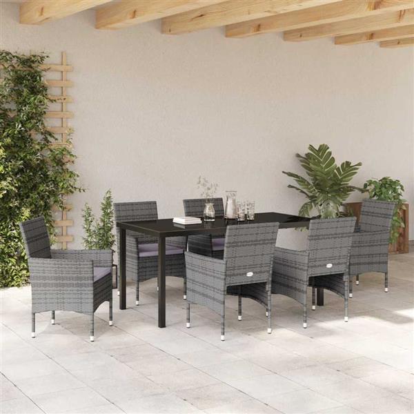 Grote foto vidaxl tuin eetset met kussen 7 pcs grijs poly riet tuin en terras tuinmeubelen