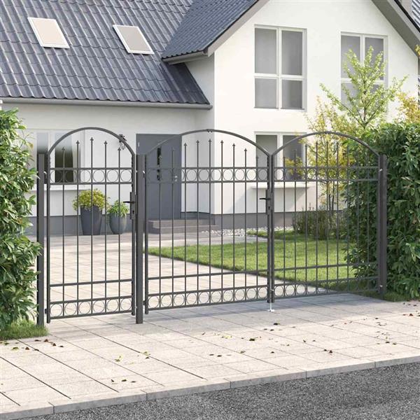 Grote foto vidaxl tuinhekgate met gebogen top grijs 400 x 125 cm staal tuin en terras hekken en schuttingen