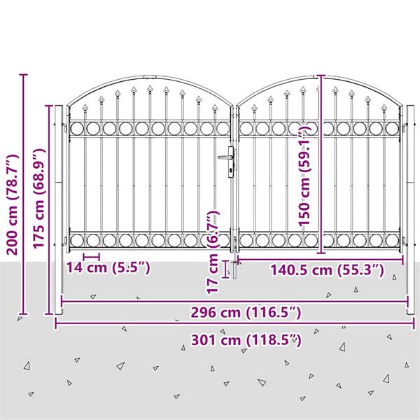 Grote foto vidaxl hekpoort met slot grijs 300 x 150 cm staal tuin en terras hekken en schuttingen