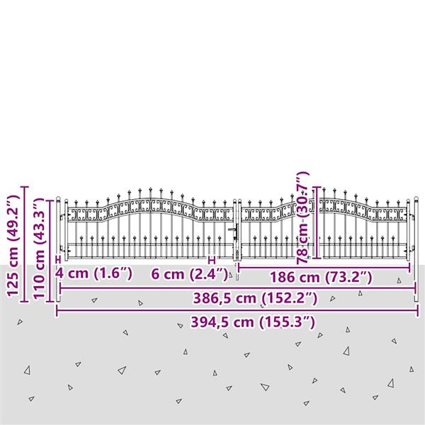 Grote foto vidaxl hekpoort met spear boven met slot grijs 404 x 75 cm staal tuin en terras hekken en schuttingen