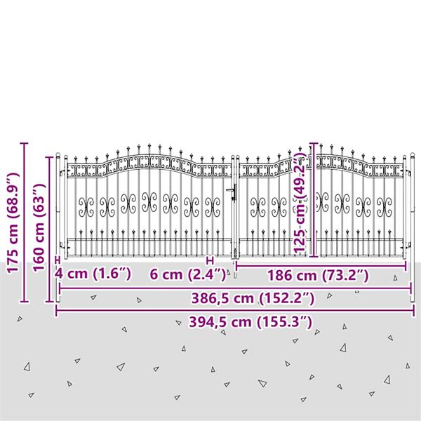 Grote foto vidaxl hekpoort met spear boven met slot grijs 404 x 125 cm staal tuin en terras hekken en schuttingen