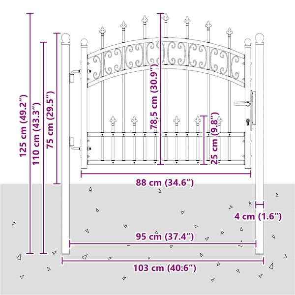 Grote foto vidaxl hekpoort met spear boven met slot grijs 103 x 75 cm staal tuin en terras hekken en schuttingen
