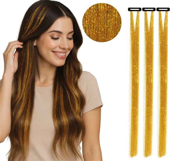 Grote foto gouden hair extension glitters 50cm 3st verzamelen overige verzamelingen
