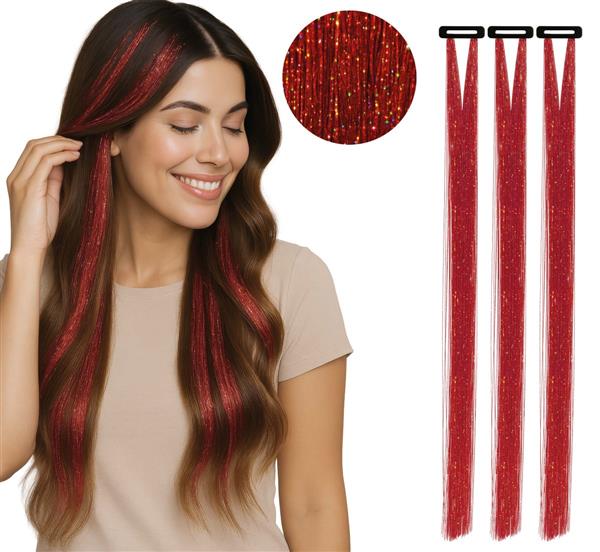 Grote foto rood hair extension glitters 50cm 3st verzamelen overige verzamelingen