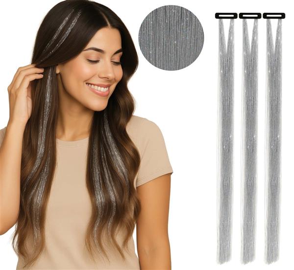 Grote foto zilveren hair extension glitters 50cm 3st verzamelen overige verzamelingen