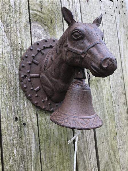 Grote foto een mooie deurbel met paardenhoofd gevestigd op een fraaie achtergrond heel leuk doe het zelf en verbouw deuren en horren