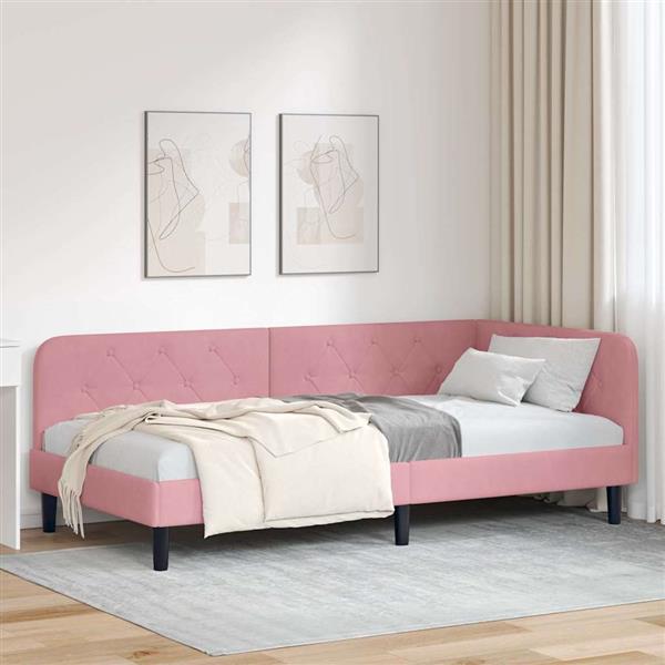 Grote foto vidaxl hoekbedframe met hoofdeinde roze 90 x 200 cm fluweel antiek en kunst stoelen en banken