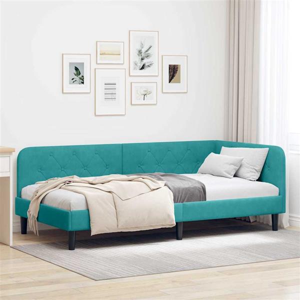 Grote foto vidaxl hoekbedframe met hoofdeinde turquoise 90 x 200 cm fluweel antiek en kunst stoelen en banken
