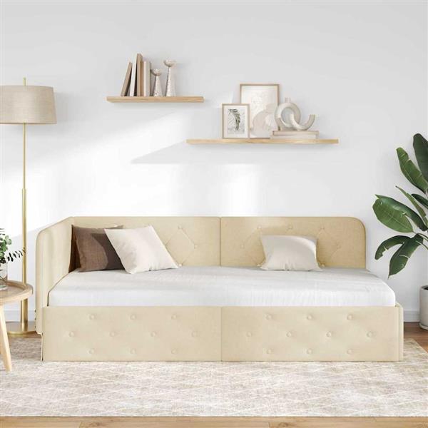 Grote foto vidaxl hoekbedframe met hoofdeinde cr me 100 x 200 cm stof antiek en kunst stoelen en banken