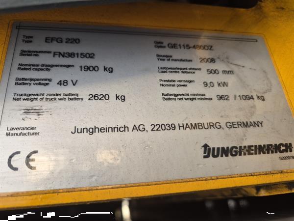 Grote foto jungheinrich efg220 2 ton 3 wieler elektrisch mast 3f480 4792 uur. agrarisch heftrucks