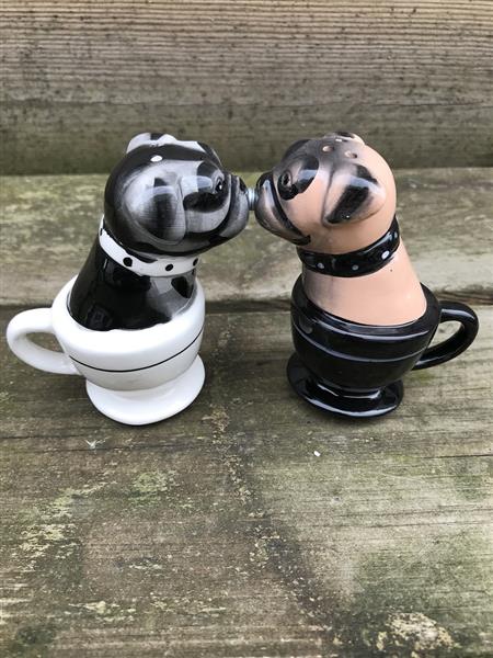 Grote foto zout en peper potjes 2 kussende honden in kopjes erg leuk huis en inrichting woningdecoratie