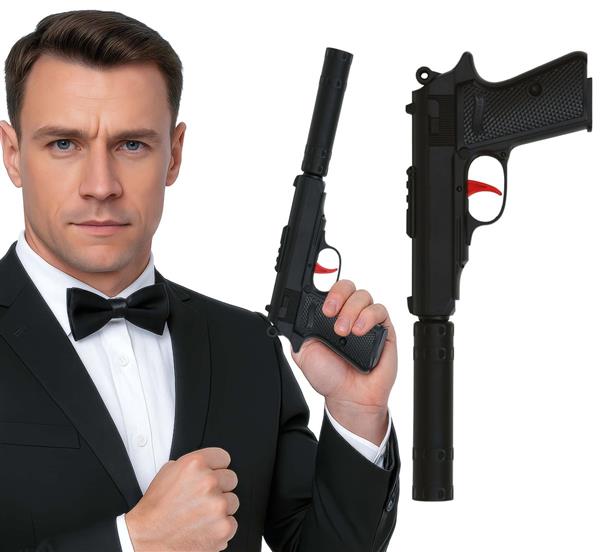 Grote foto zwarte nep pistool met geluiddemper 29cm verzamelen overige verzamelingen