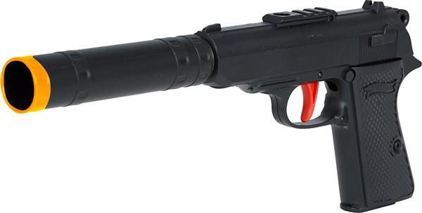 Grote foto zwarte nep pistool met geluiddemper 29cm verzamelen overige verzamelingen