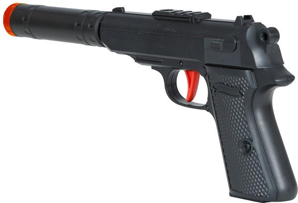 Grote foto zwarte nep pistool met geluiddemper 29cm verzamelen overige verzamelingen