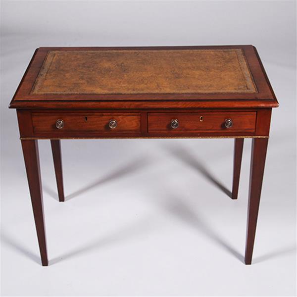 Grote foto sidetable of kleine schrijftafel met 2 laden en groenbruin leer ingelegd no.350208 antiek en kunst stoelen en banken