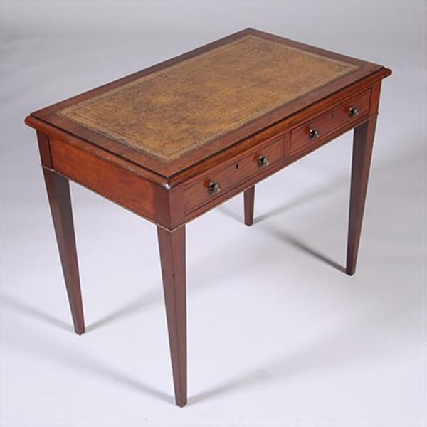 Grote foto sidetable of kleine schrijftafel met 2 laden en groenbruin leer ingelegd no.350208 antiek en kunst stoelen en banken