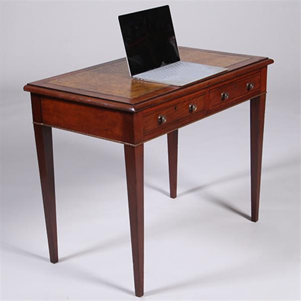 Grote foto sidetable of kleine schrijftafel met 2 laden en groenbruin leer ingelegd no.350208 antiek en kunst stoelen en banken