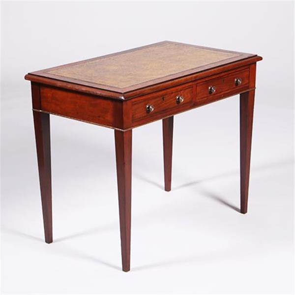 Grote foto sidetable of kleine schrijftafel met 2 laden en groenbruin leer ingelegd no.350208 antiek en kunst stoelen en banken