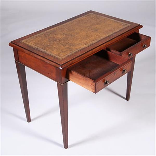 Grote foto sidetable of kleine schrijftafel met 2 laden en groenbruin leer ingelegd no.350208 antiek en kunst stoelen en banken