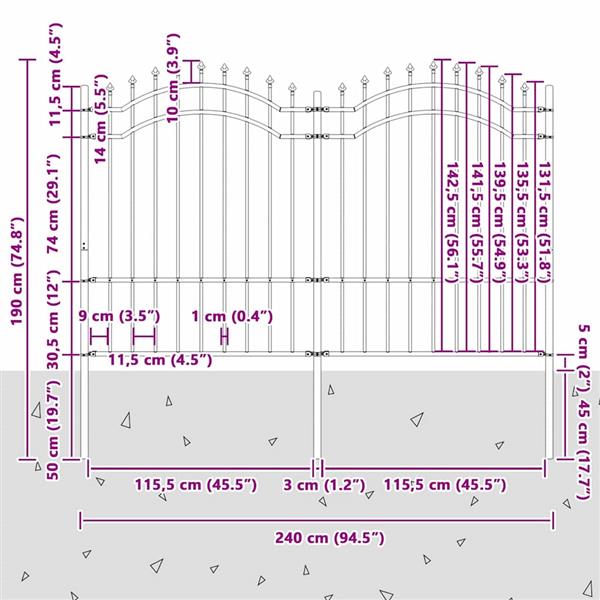 Grote foto vidaxl tuin hek grijs 190 cm poedergecoat staal tuin en terras hekken en schuttingen