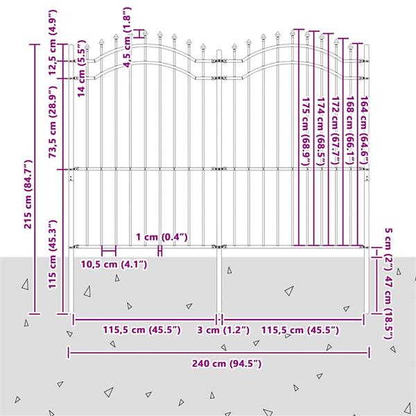 Grote foto vidaxl tuin hek grijs 215 cm poedergecoat staal tuin en terras hekken en schuttingen