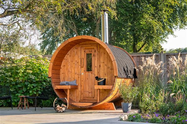 Grote foto saunabarrel 205 x 250 cm 42 mm thermowood tuin en terras tuinhuisjes en blokhutten