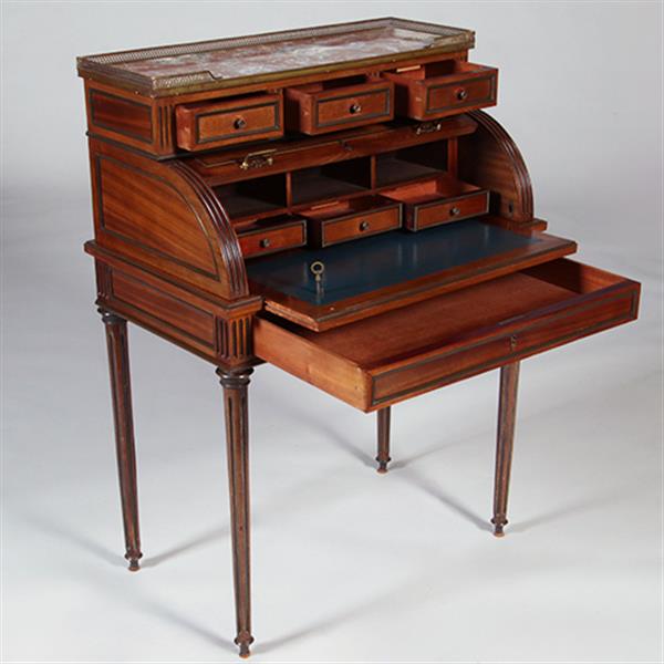 Grote foto frans cilinderbureautje in donker mahonie met donkerblauw leer en gepatineerd brons ca 1880 no.3315 antiek en kunst overige in antiek gebruiksvoorwerpen