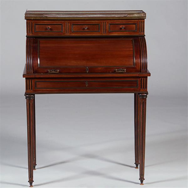 Grote foto frans cilinderbureautje in donker mahonie met donkerblauw leer en gepatineerd brons ca 1880 no.3315 antiek en kunst overige in antiek gebruiksvoorwerpen