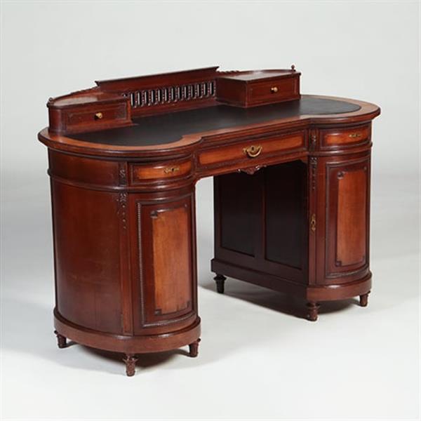 Grote foto niervormig klein bureau met opstand en ingelegd met zwart leer ca 1885 no.351920 antiek en kunst overige in antiek gebruiksvoorwerpen