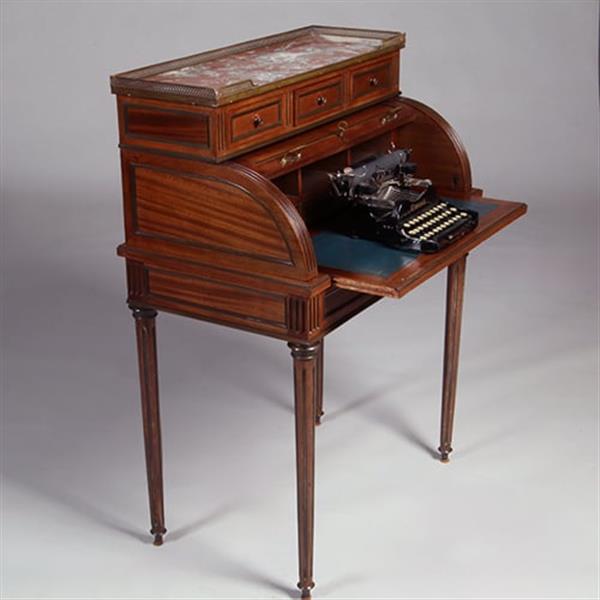 Grote foto frans cilinderbureautje in donker mahonie met donkerblauw leer en gepatineerd brons ca 1880 no.3315 antiek en kunst overige in antiek gebruiksvoorwerpen