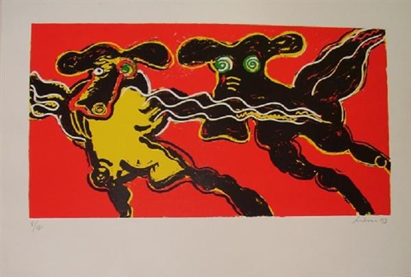 Grote foto peter diem flying cows red antiek en kunst litho en zeefdrukken