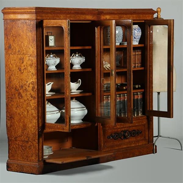 Grote foto lage 4 deurs boekenkast met 2 archiefkleppen noten met wortelnoten en zwart no.351940 antiek en kunst overige in antiek gebruiksvoorwerpen