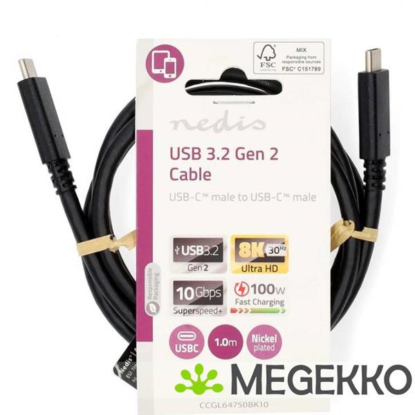 Grote foto nedis usb 3.2 gen 2x2 20gbps 240w usb type c 1m zwart computers en software overige computers en software