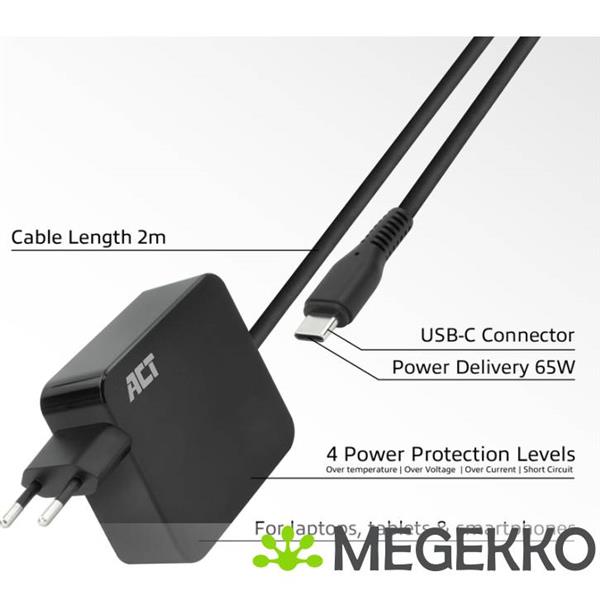 Grote foto act usb c laptoplader 65w met power delivery profielen. 2 meter computers en software overige
