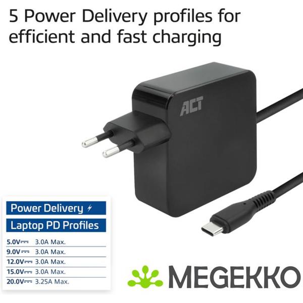 Grote foto act usb c laptoplader 65w met power delivery profielen. 2 meter computers en software overige