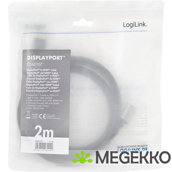 Grote foto logilink cda0107 video kabel adapter 2 m displayport hdmi zwart grijs computers en software overige computers en software