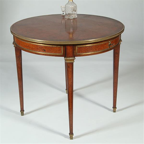 Grote foto amboina bouillotte tafel gesig. escalier de christal paris met twee laden verguld brons no.361895 antiek en kunst stoelen en banken