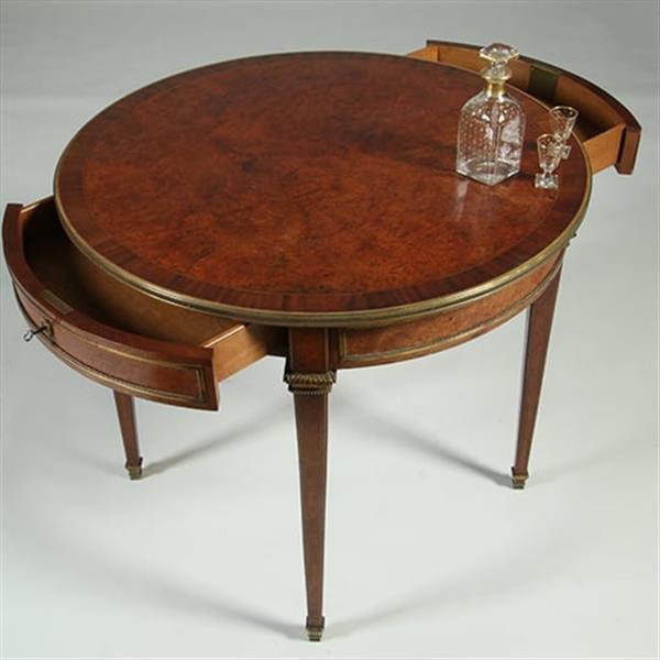 Grote foto amboina bouillotte tafel gesig. escalier de christal paris met twee laden verguld brons no.361895 antiek en kunst stoelen en banken