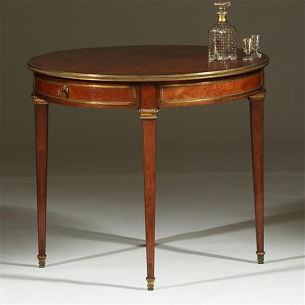 Grote foto amboina bouillotte tafel gesig. escalier de christal paris met twee laden verguld brons no.361895 antiek en kunst stoelen en banken