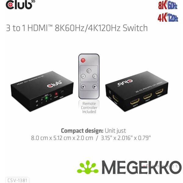 Grote foto club3d 3 to 1 hdmi 8k60hz 4k120hz switch computers en software netwerkkaarten routers en switches