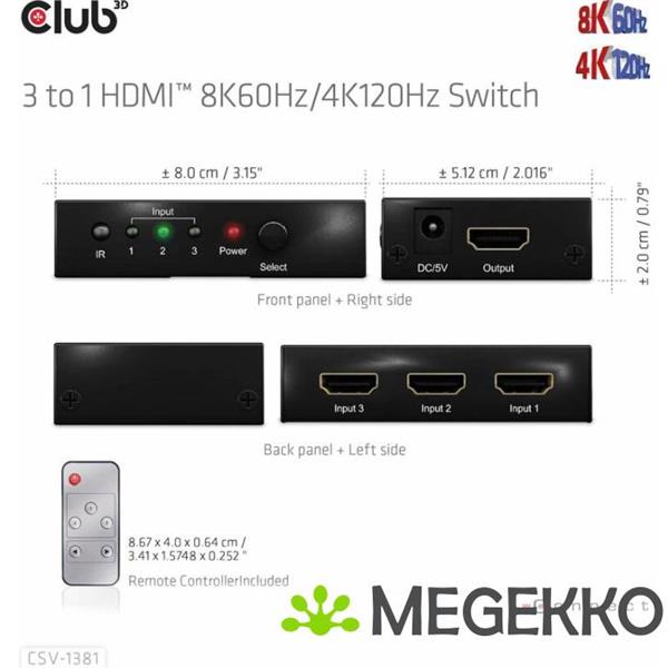 Grote foto club3d 3 to 1 hdmi 8k60hz 4k120hz switch computers en software netwerkkaarten routers en switches