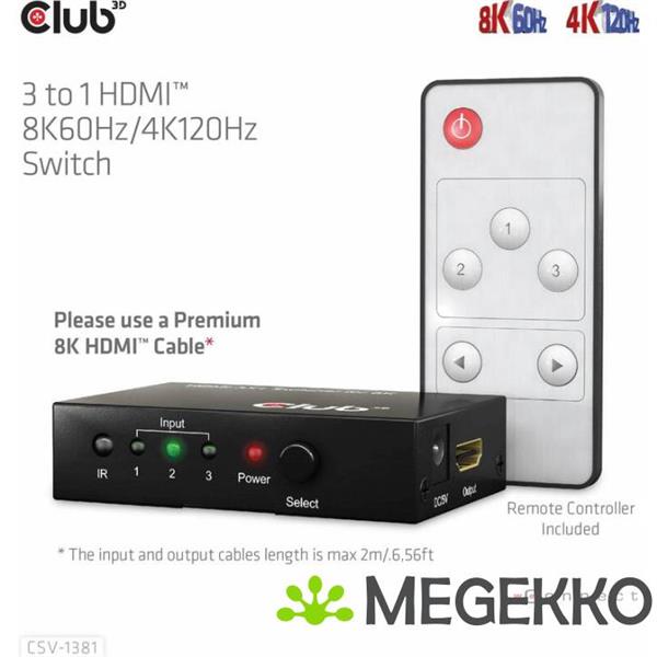Grote foto club3d 3 to 1 hdmi 8k60hz 4k120hz switch computers en software netwerkkaarten routers en switches